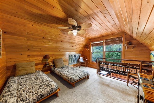 carpeted bedroom with wood ceiling, vaulted ceiling, wooden walls, and ceiling fan