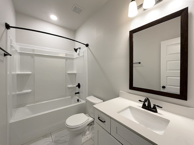 full bathroom with bathtub / shower combination, toilet, and vanity