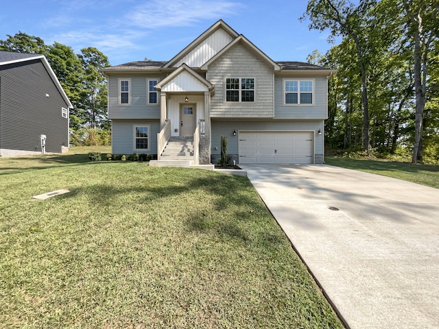 split foyer home featuring a front yard and a garage