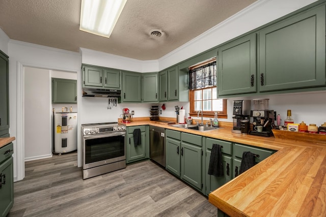 kitchen with electric water heater, appliances with stainless steel finishes, green cabinetry, and sink