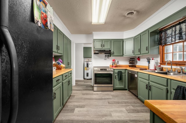 kitchen with butcher block countertops, green cabinets, appliances with stainless steel finishes, and sink