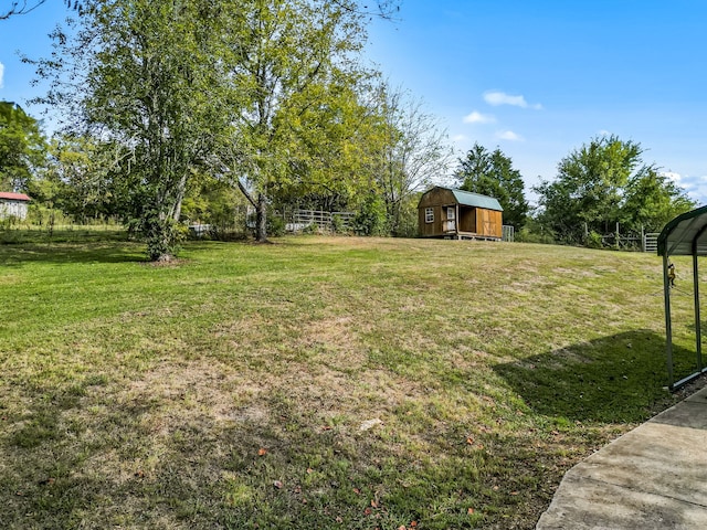 view of yard with a carport and a shed