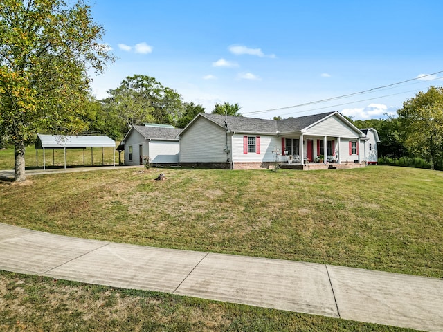 ranch-style house with a front lawn, a carport, and covered porch