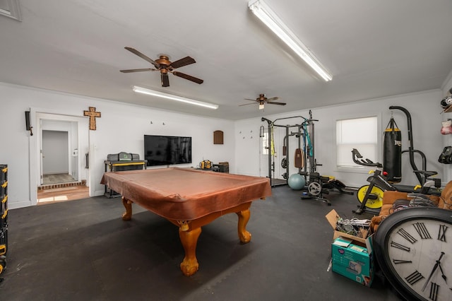 game room featuring billiards and ceiling fan