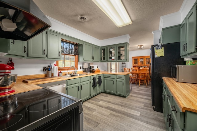 kitchen featuring wooden counters, green cabinetry, sink, and exhaust hood