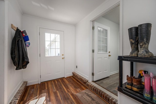 entryway featuring crown molding and dark hardwood / wood-style floors