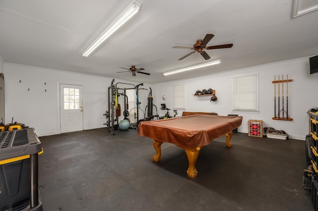 rec room featuring pool table and ceiling fan