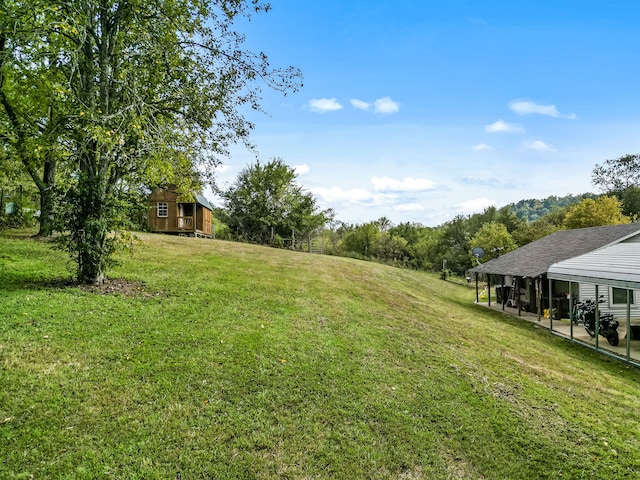 view of yard featuring a storage shed