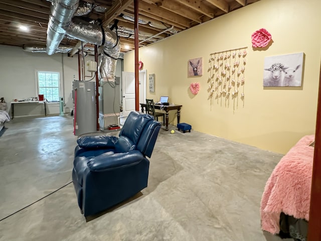 basement featuring heating unit and water heater