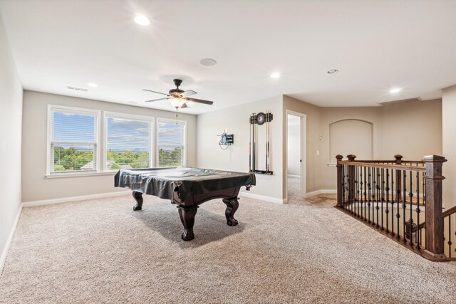 game room with light carpet, billiards, and ceiling fan