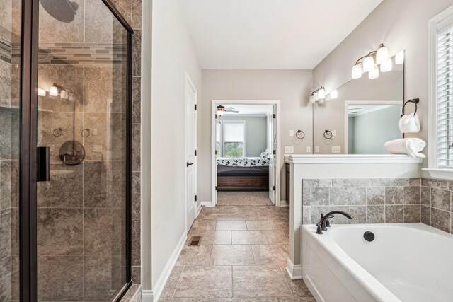 bathroom with plus walk in shower and ceiling fan