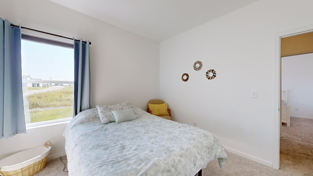 bedroom featuring light colored carpet