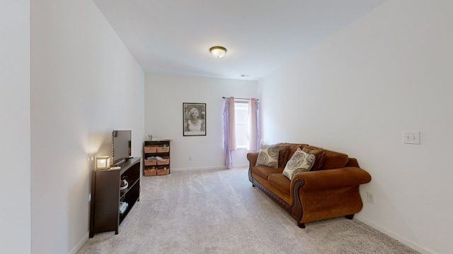 living area featuring light colored carpet