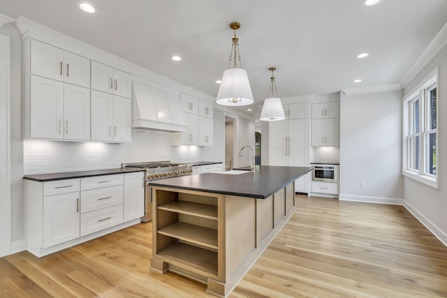 kitchen featuring appliances with stainless steel finishes, white cabinetry, custom range hood, and light hardwood / wood-style flooring