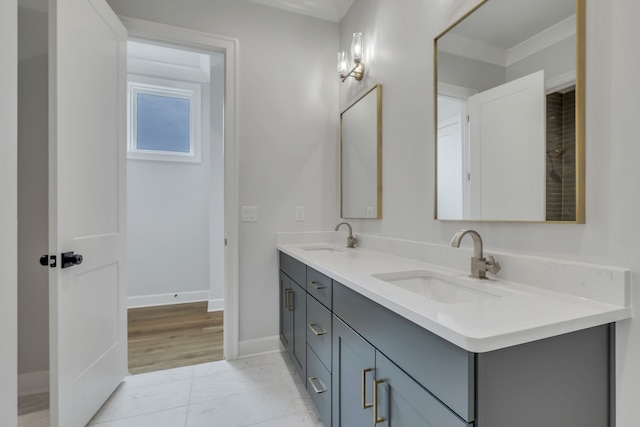 bathroom with hardwood / wood-style floors, crown molding, and vanity