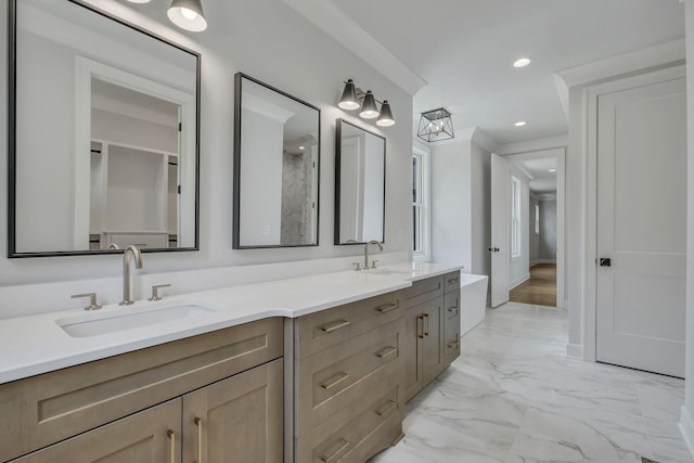 2704 Westwood Ave, Nashville, TN 37212 - bathroom featuring recessed lighting, double vanity, marble finish floor, and a sink