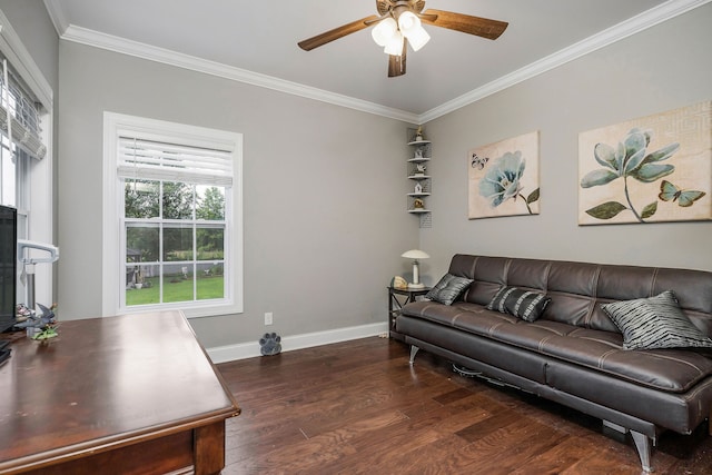 living room featuring crown molding, dark wood-type flooring, and ceiling fan