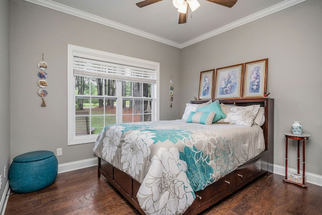 bedroom featuring dark wood-type flooring, ceiling fan, and crown molding