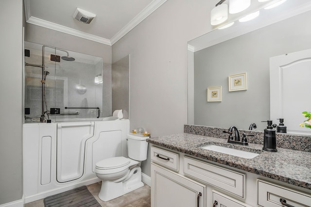 bathroom with ornamental molding, vanity, toilet, and tiled shower