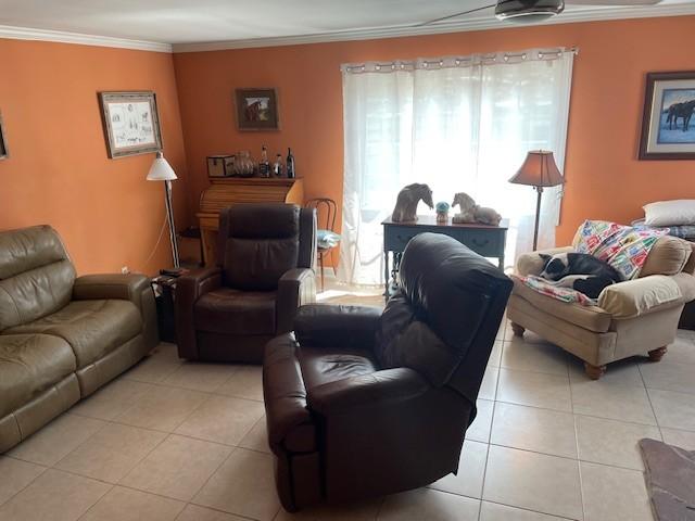 living room featuring ornamental molding and tile patterned flooring