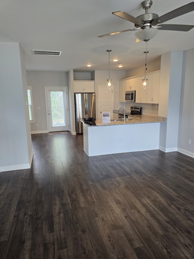 kitchen with white cabinetry, dark hardwood / wood-style floors, kitchen peninsula, pendant lighting, and appliances with stainless steel finishes