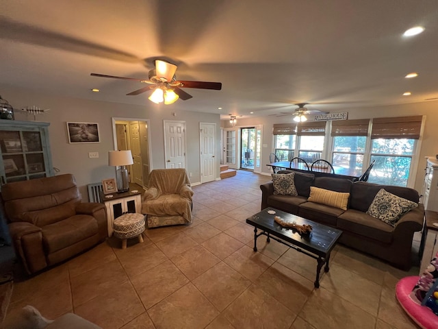 living room featuring recessed lighting, a ceiling fan, and tile patterned floors