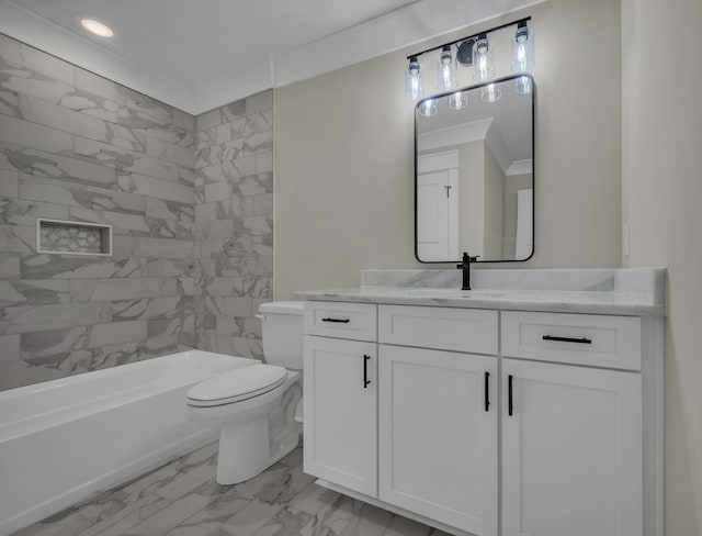 full bathroom featuring ornamental molding, vanity, toilet, and tiled shower / bath combo