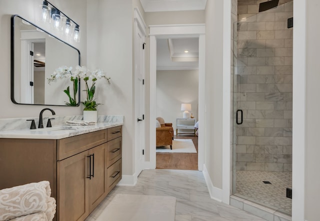 bathroom featuring vanity, ceiling fan, and an enclosed shower