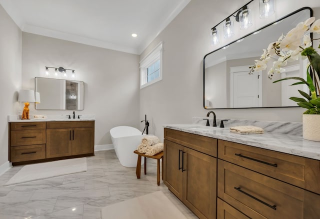 bathroom featuring vanity, ornamental molding, and a bath