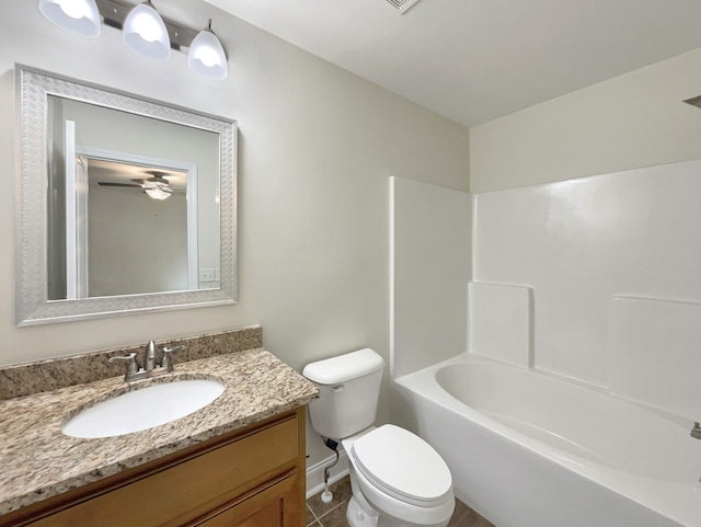 full bathroom with vanity, tile patterned flooring, ceiling fan, shower / tub combination, and toilet