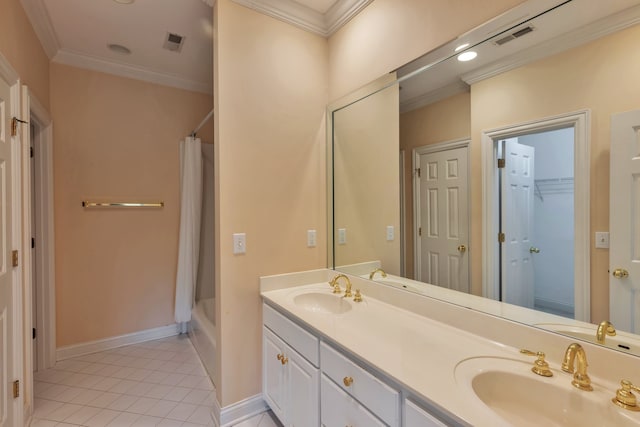 bathroom with shower / tub combo, crown molding, tile patterned floors, and vanity