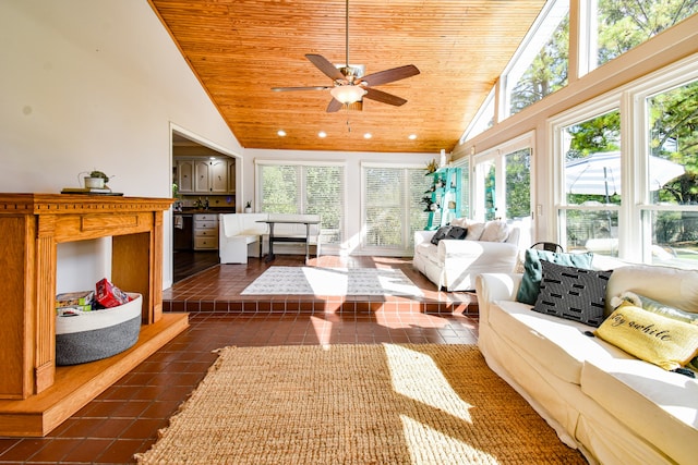 sunroom / solarium featuring wood ceiling, lofted ceiling, and plenty of natural light