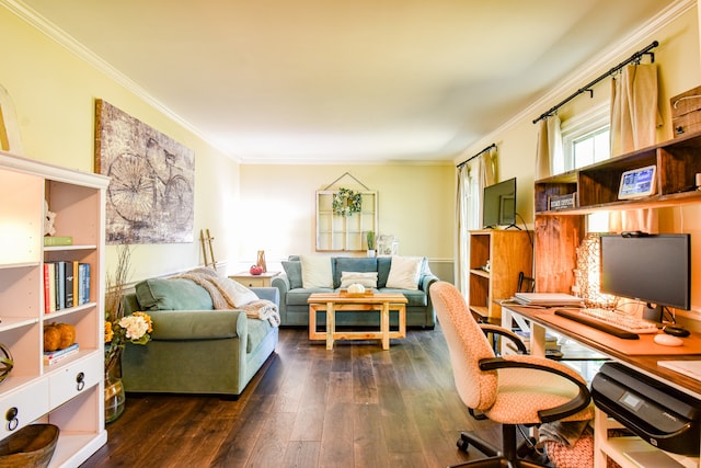 office with crown molding and dark wood-type flooring