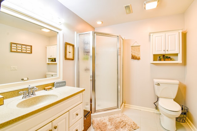 bathroom featuring a shower with door, toilet, vanity, and tile patterned floors