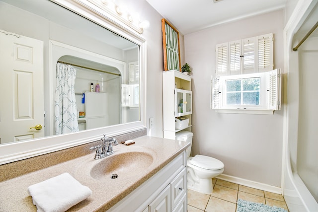 full bathroom featuring shower / bath combo, vanity, toilet, and tile patterned floors