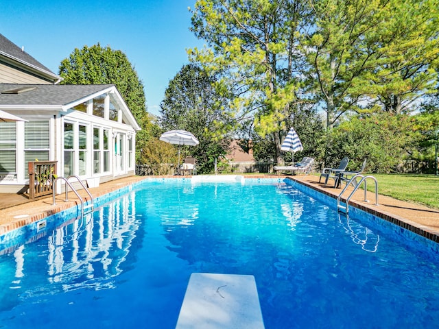 view of pool featuring a patio area and a diving board