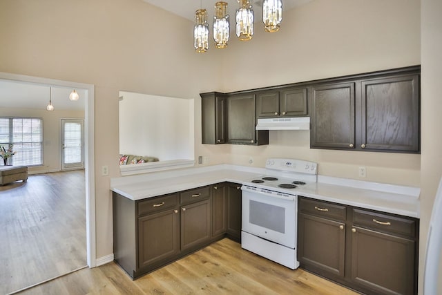 kitchen featuring white electric range, light hardwood / wood-style flooring, decorative light fixtures, an inviting chandelier, and dark brown cabinetry