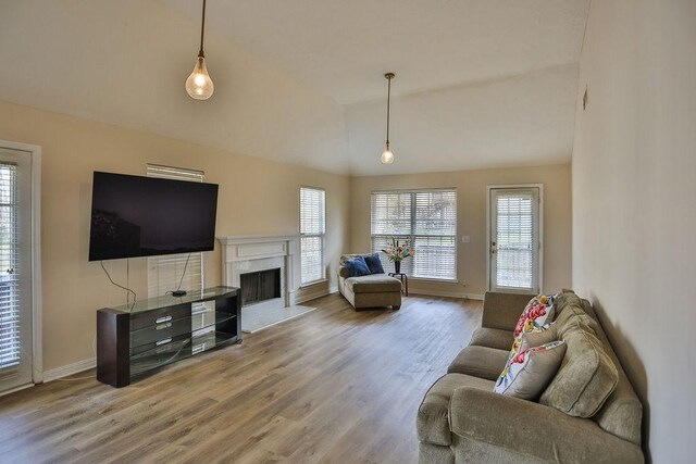 living room featuring a fireplace, vaulted ceiling, and wood-type flooring