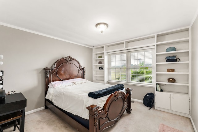 carpeted bedroom with ornamental molding