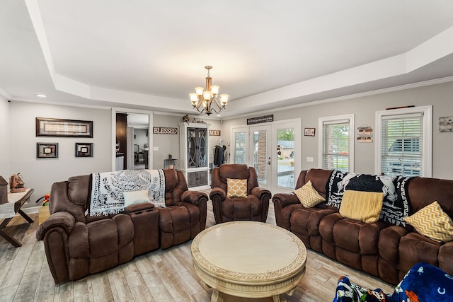 living room with a tray ceiling, light wood-type flooring, and a healthy amount of sunlight