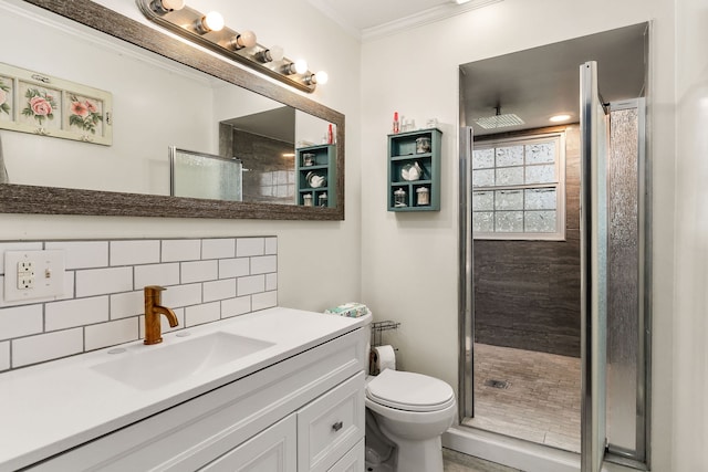 bathroom with an enclosed shower, backsplash, toilet, and vanity