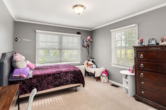 carpeted bedroom featuring ornamental molding