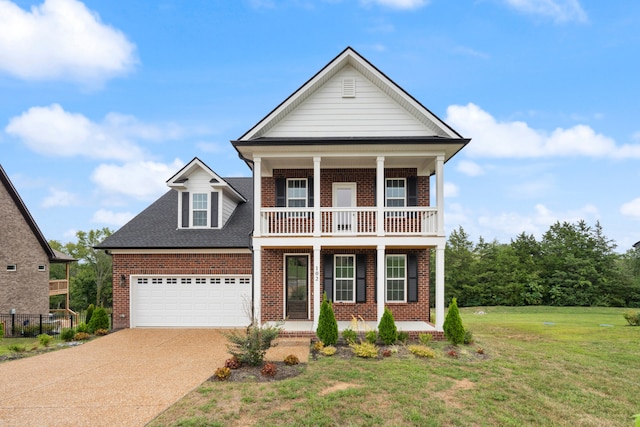 view of front of house with a balcony, a porch, and a front lawn