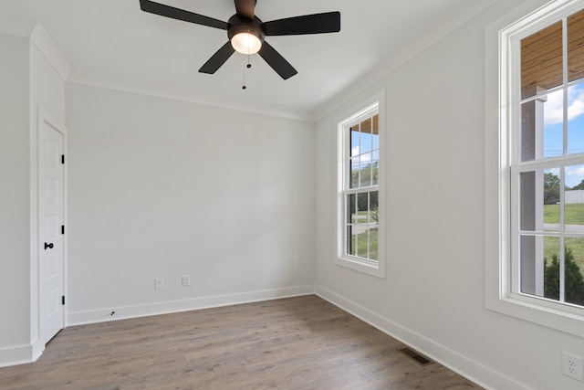 spare room with ceiling fan, light wood-type flooring, and crown molding