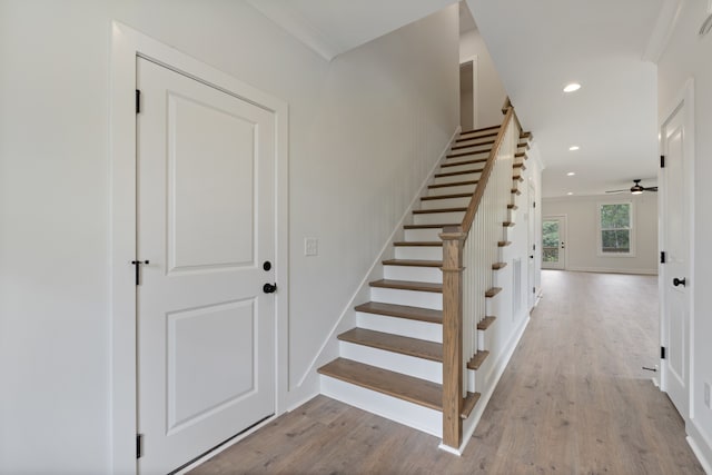 stairs featuring ceiling fan, crown molding, and hardwood / wood-style floors