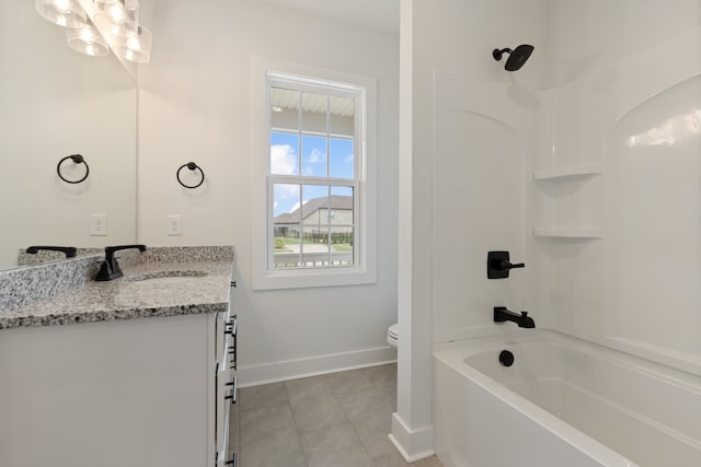 full bathroom with vanity, bathtub / shower combination, toilet, and tile patterned flooring