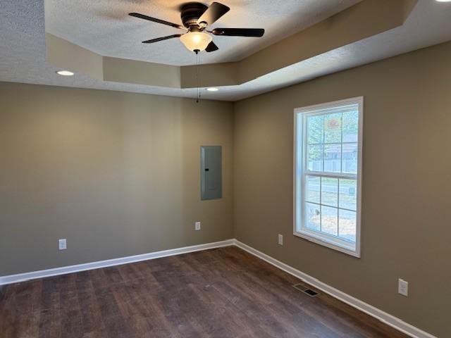 unfurnished room with plenty of natural light, ceiling fan, a raised ceiling, and electric panel