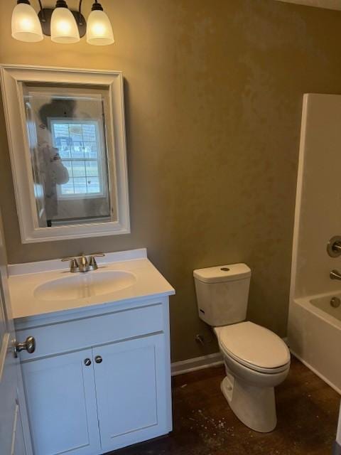 full bathroom featuring bathtub / shower combination, vanity, and toilet