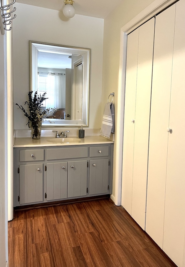 bathroom with hardwood / wood-style flooring and vanity