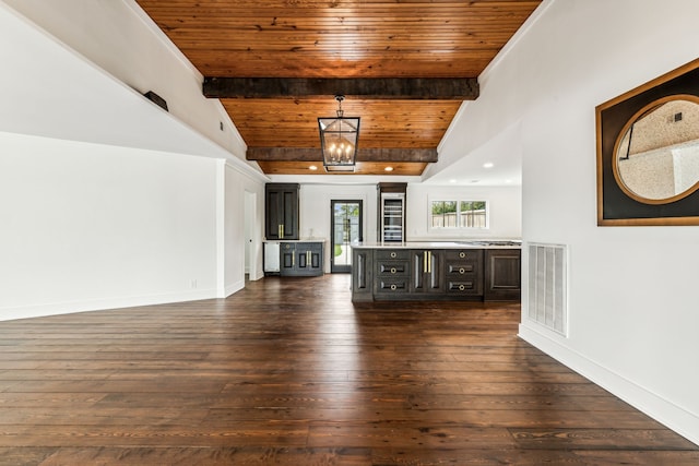 unfurnished living room featuring lofted ceiling with beams, dark hardwood / wood-style flooring, wood ceiling, and a chandelier